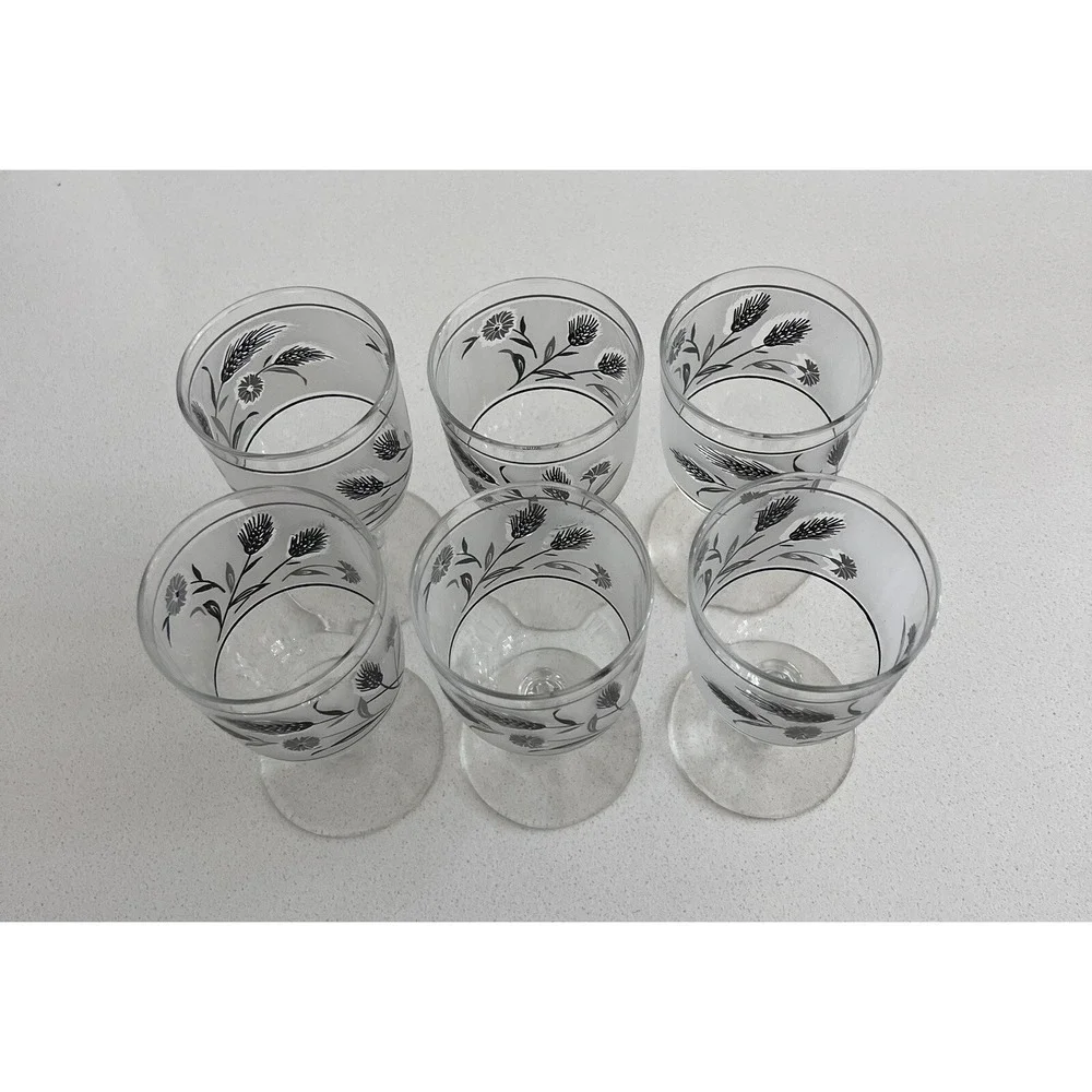 Vtg MCM Libbey Silver Wildflower & Wheat Frosted Pedestal Goblets Set Of 6